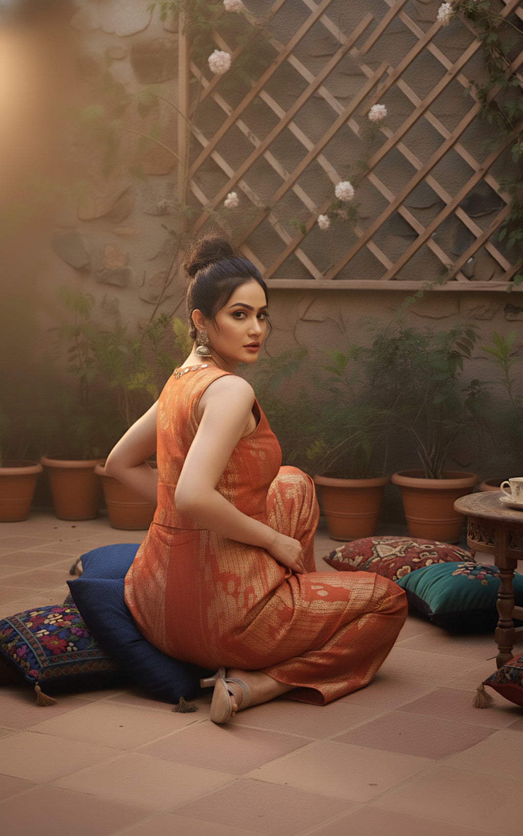 Rust Gold Designer Jumpsuit with Elegant Self Texture