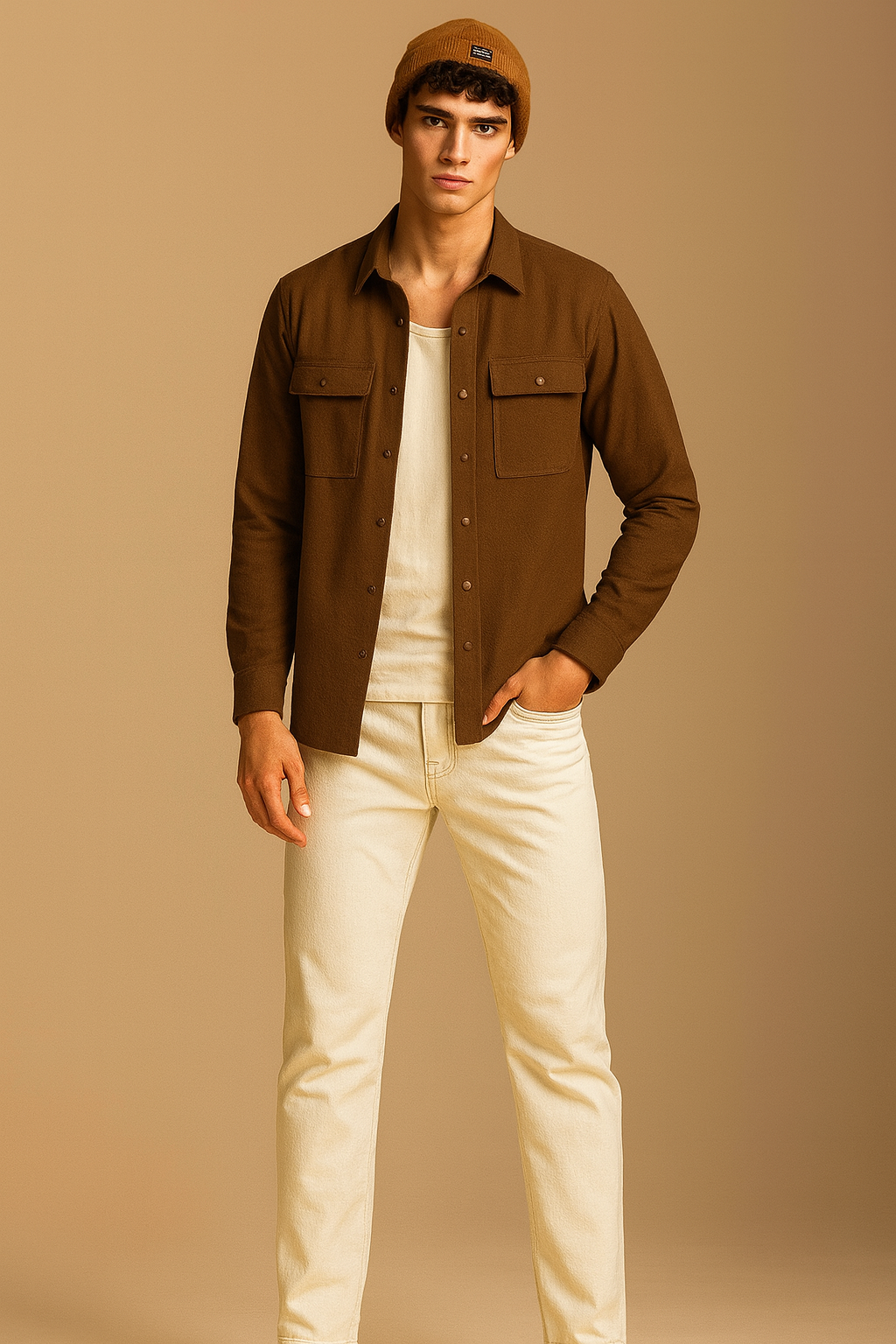 Men’s Brown Boxy Fit Casual Shirt with Flap Pockets