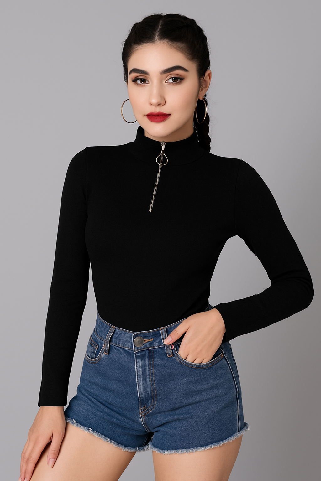 Stylish Solid Black Ribbed Polyester Top with Zipper Neck & Full Sleeves