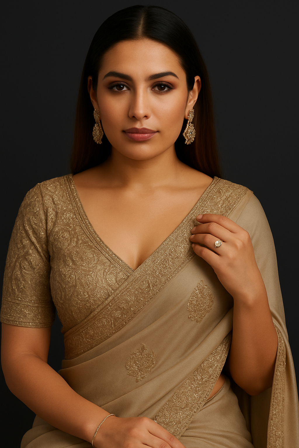 Satrani Beige Tissue Saree with Embroidered Dola Silk Blend Blouse Piece