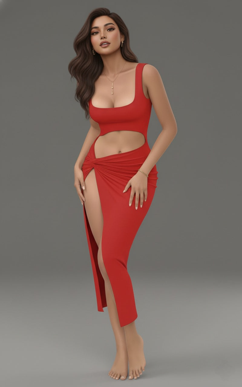 Scarlet Square-Neck Bodycon Midi Dress