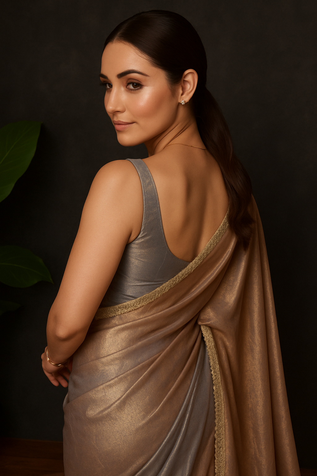 Gunmetal Blue Solid Tissue Saree with Unstitched Blouse Piece