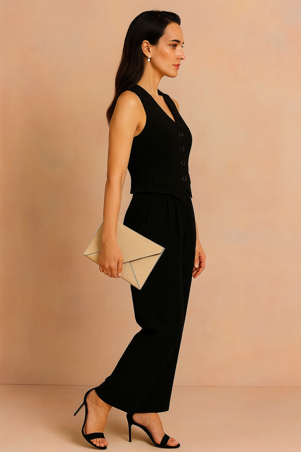 Black Structured Sleeveless Waistcoat for Women