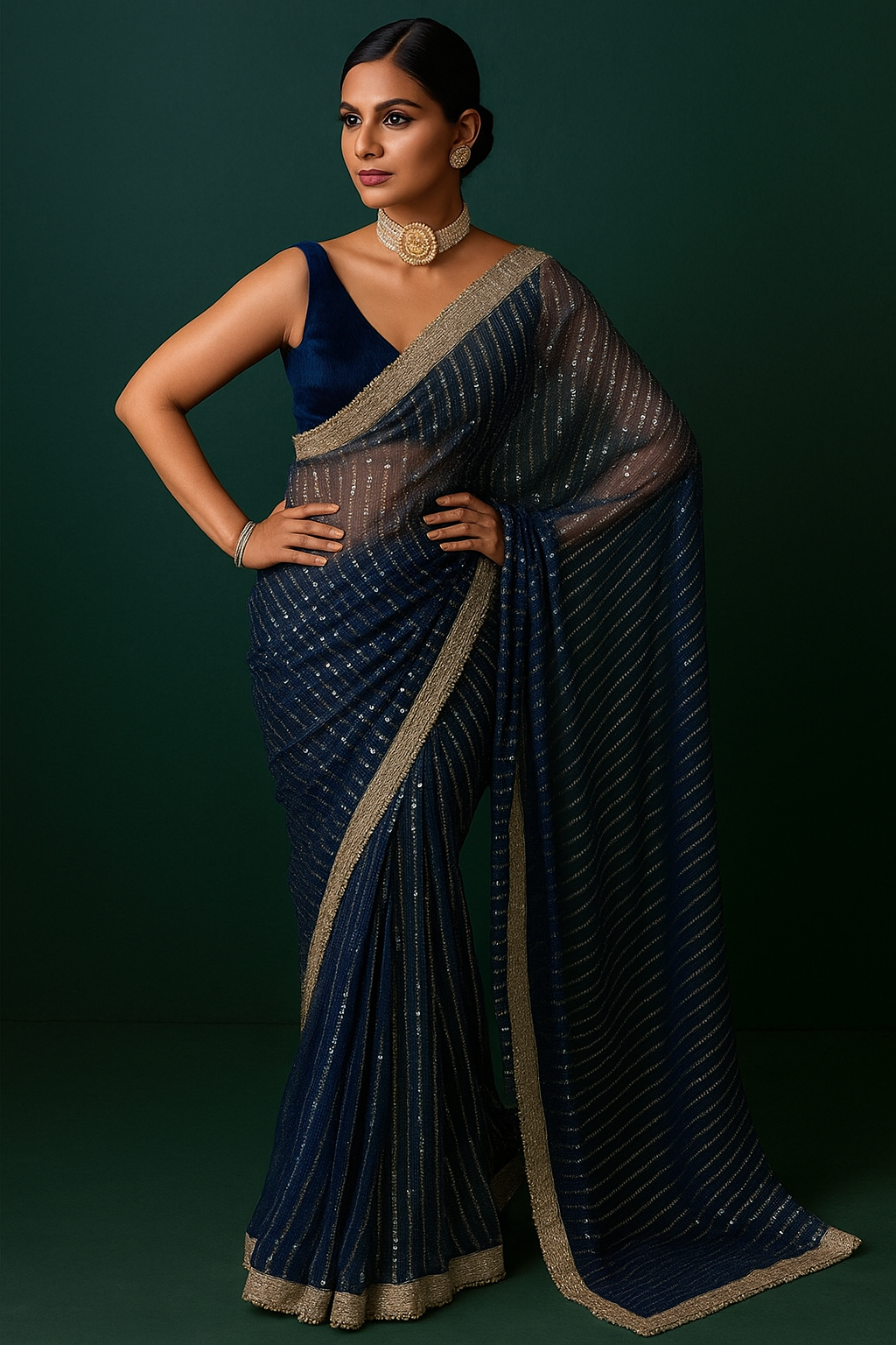 Royal Blue Embellished Lycra Saree