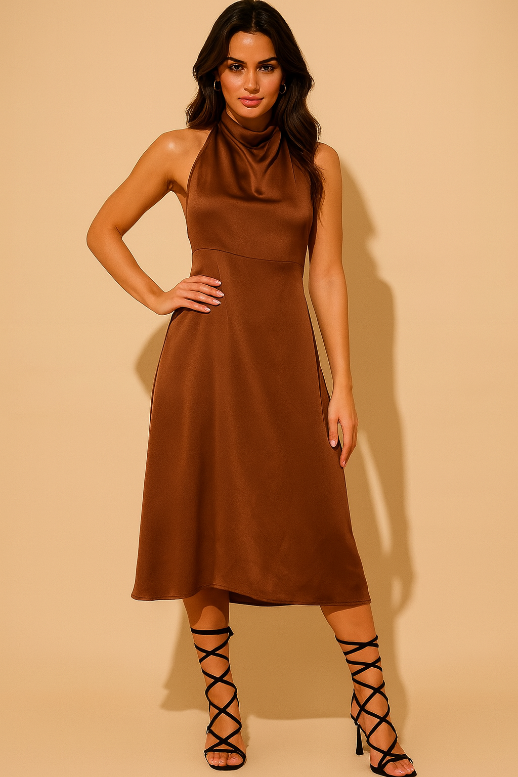 Brown Satin Sheen Backless A-Line Dress with Stylish Neck Tie-Ups