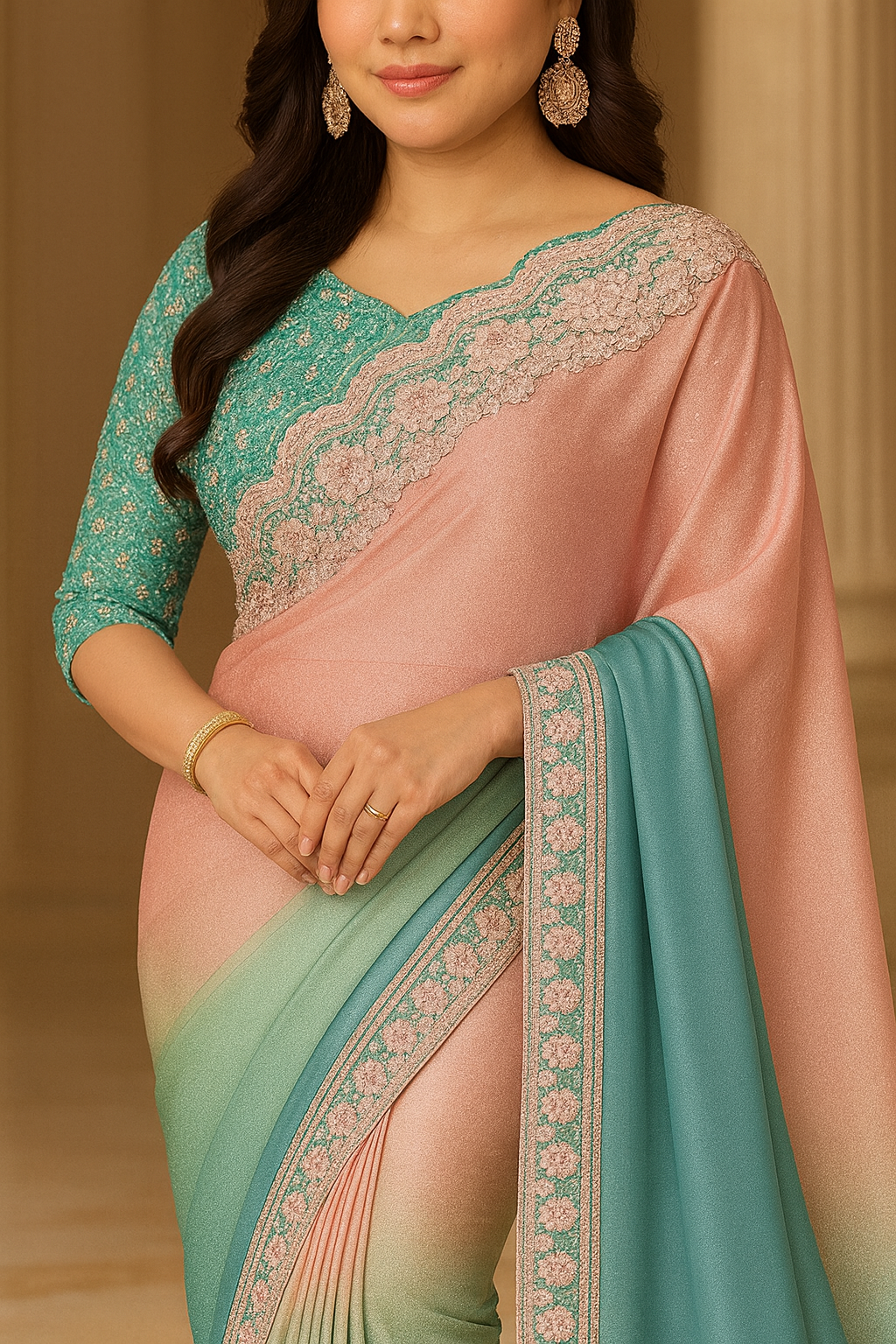 Peach & Teal Ombre Pure Chiffon Saree with Hand-Embellished Sequin Border