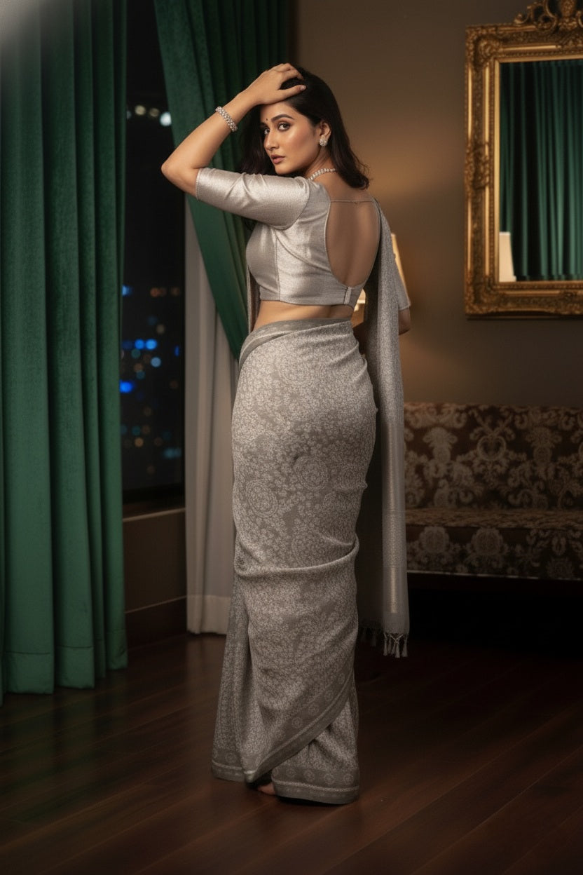Premium Viscose Rayon Saree in Grey and White with Intricate Embroidered Border