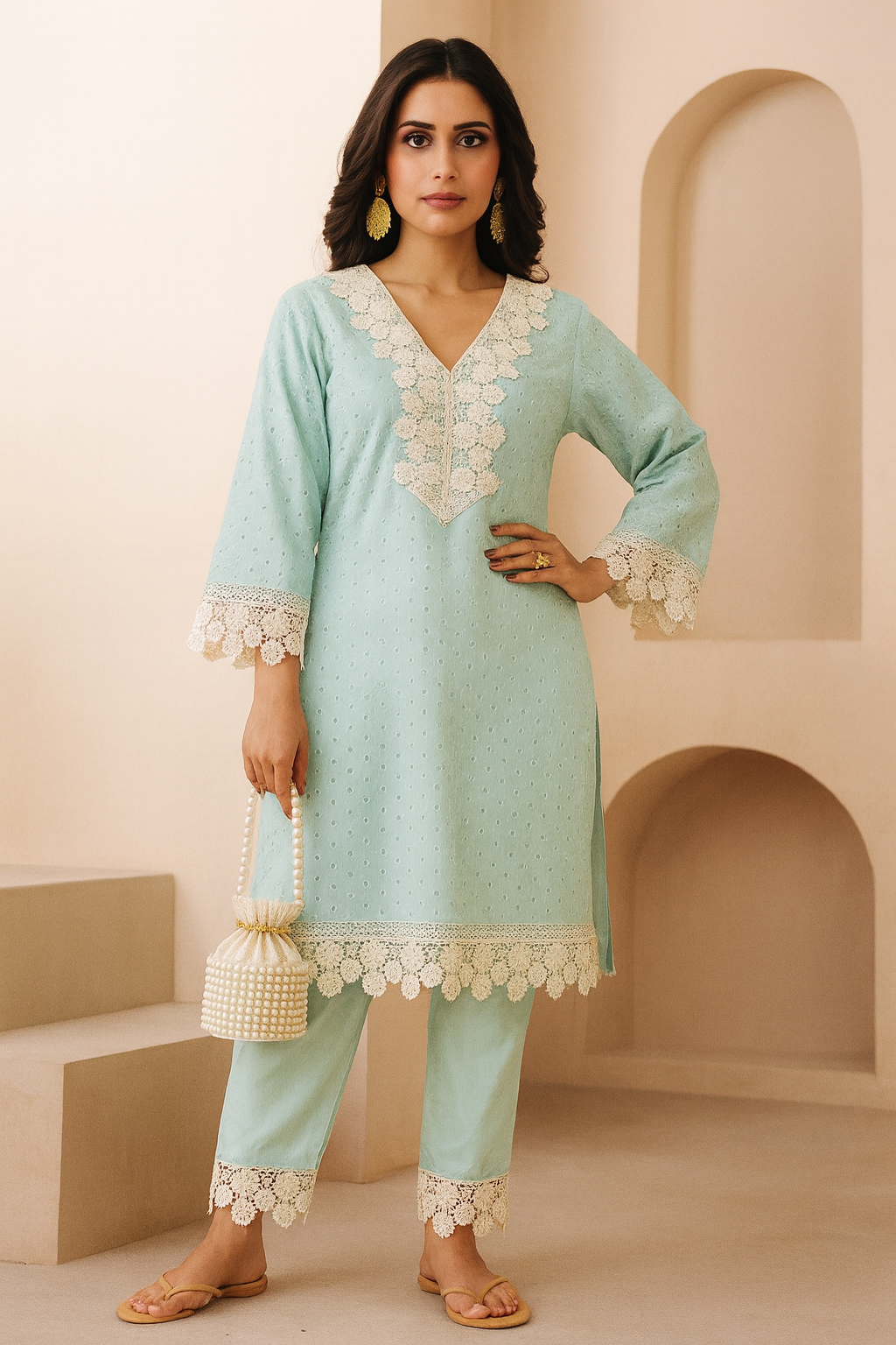 Premium Cotton Co-ords in Mint with Handcrafted Detailing