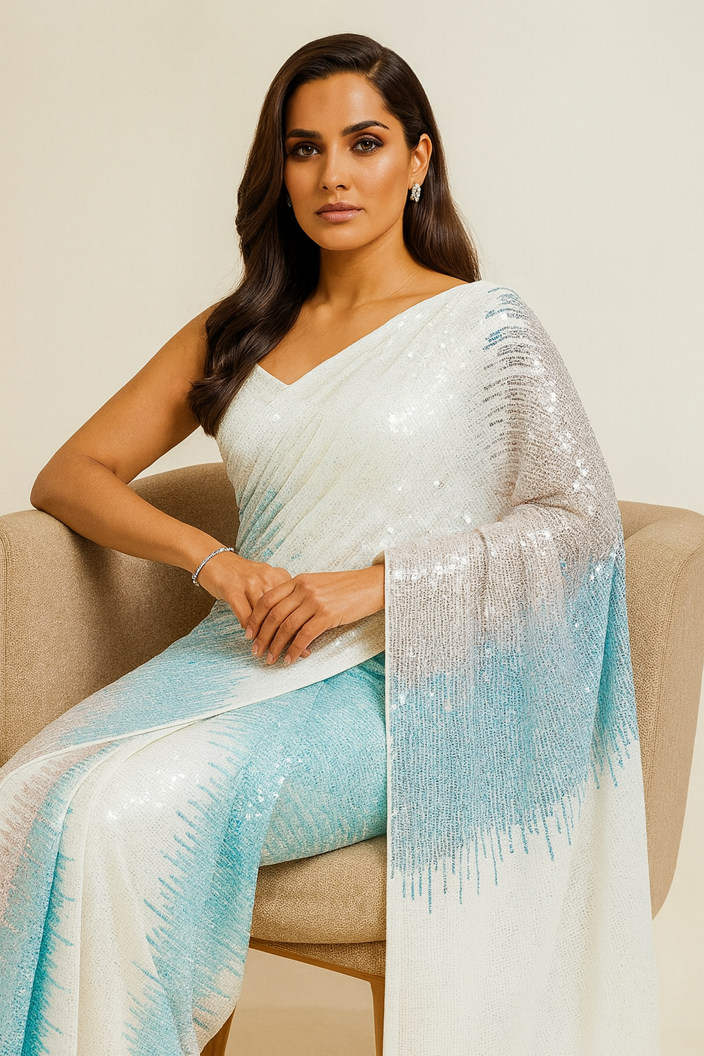 White & Blue Sequinned Pure Georgette Saree with Embellished Border