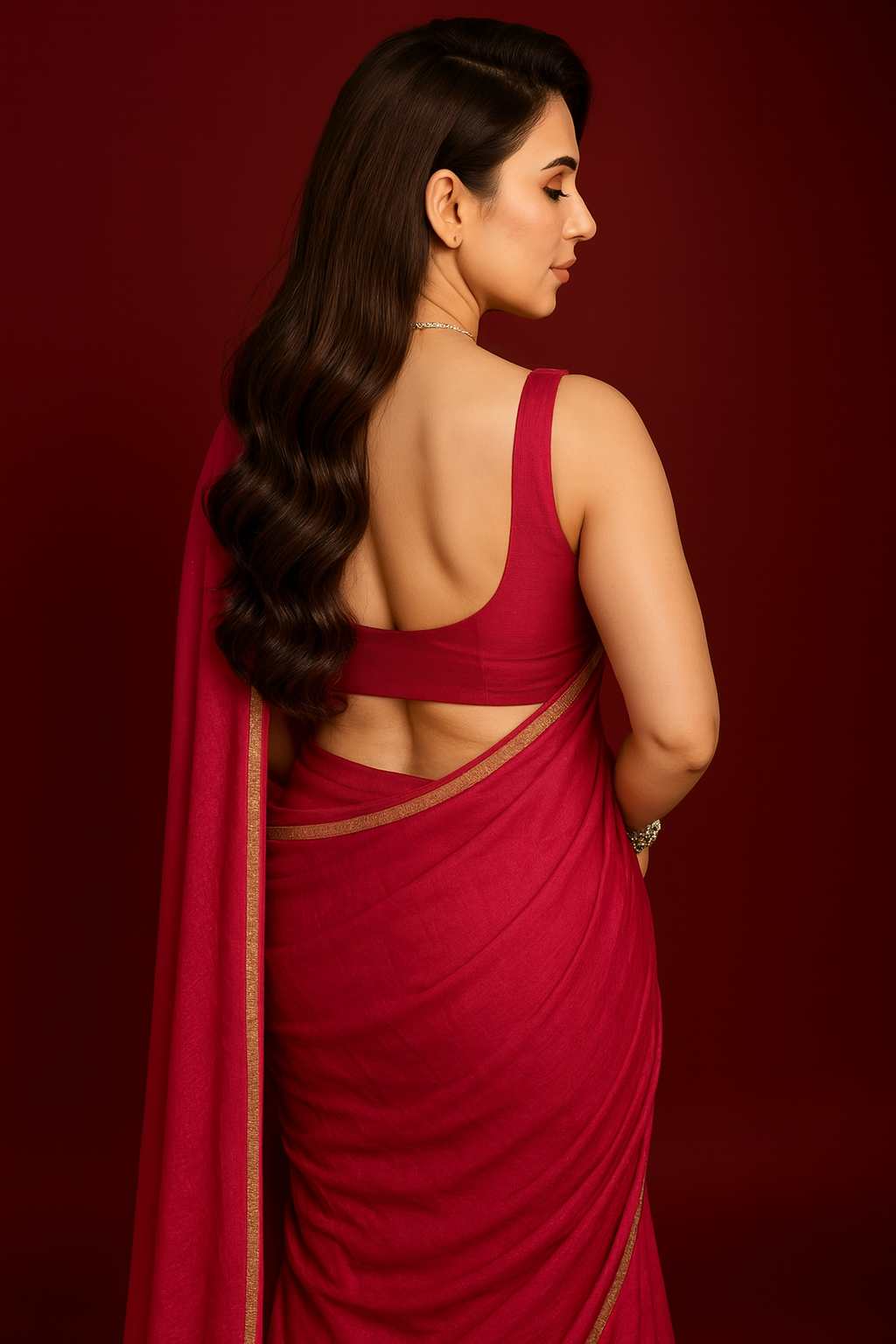 Premium Rose Red Chiffon Saree with Subtle Golden Border