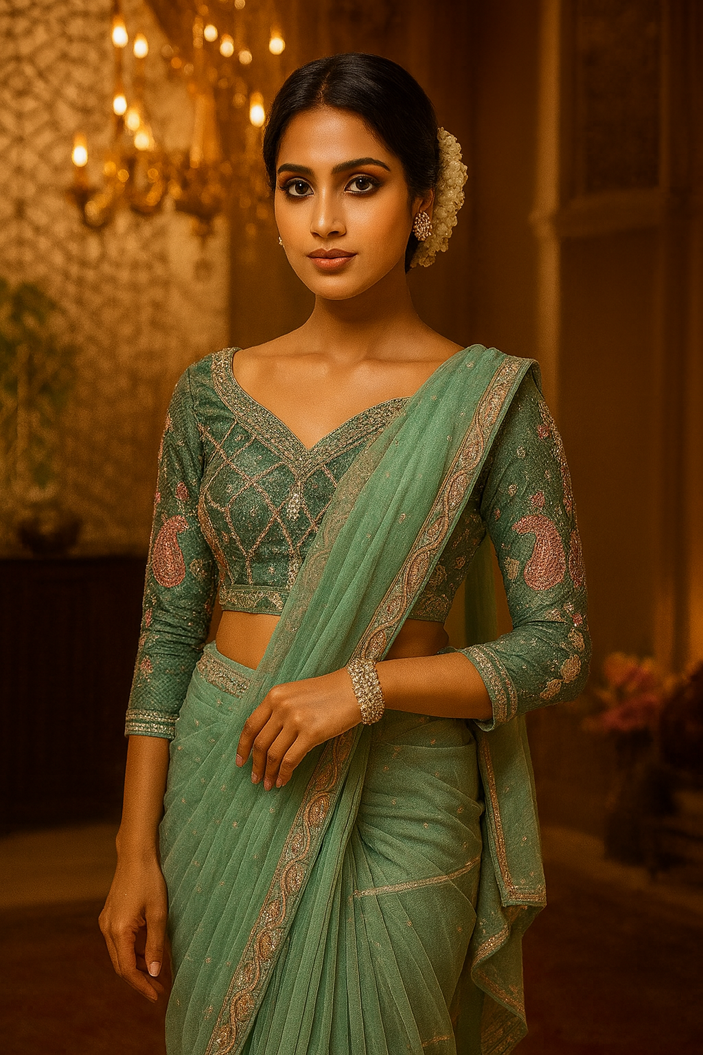 Pearl Embellished Net Saree with Embroidered Blouse Piece