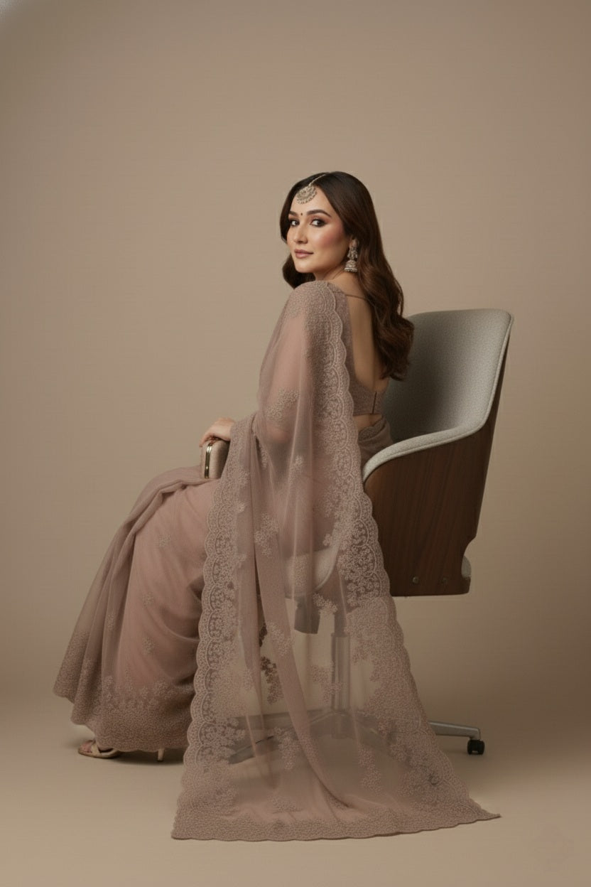 Premium Net Saree in Pink with Intricate Floral Embroidery