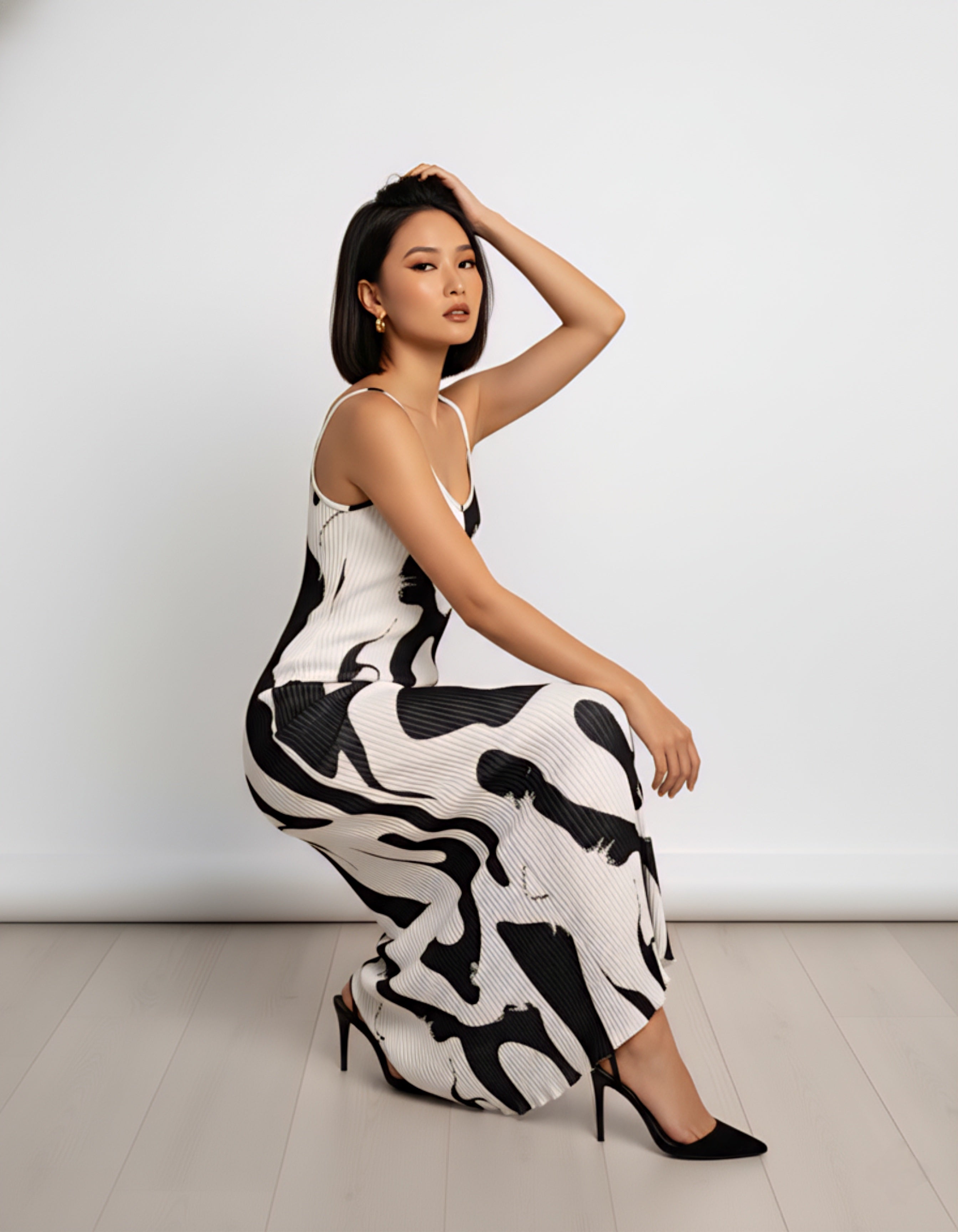 Elegant Graphic Print Thigh-Slit Cami Dress – Summer Designer Collection