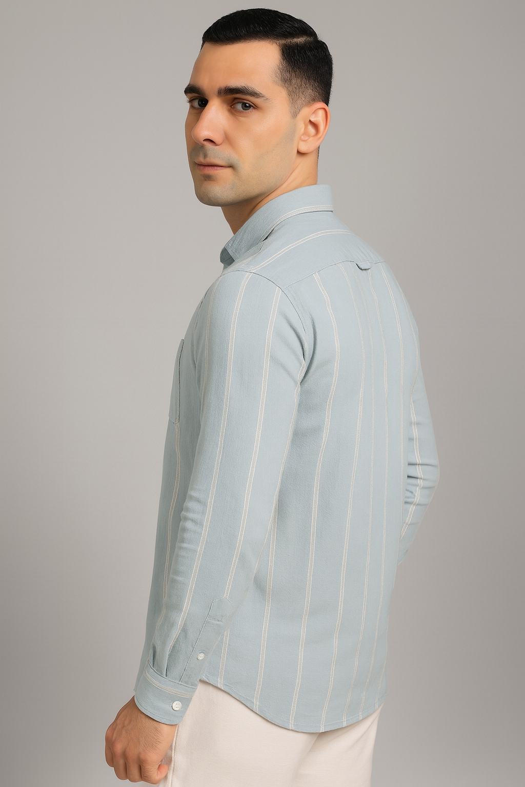 Blue & Grey Striped Cotton Casual Shirt with Patch Pocket