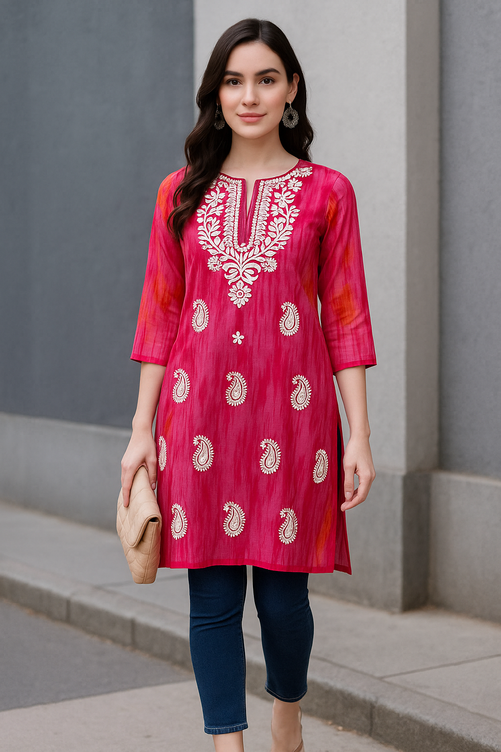 Blush Pink Georgette Kurti with Paisley Chikankari Embroidery