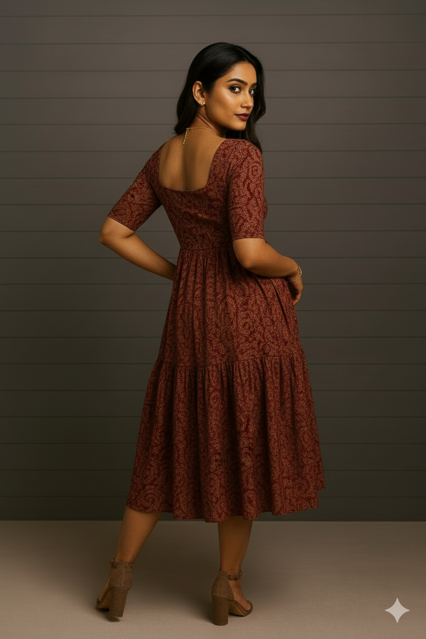 Elegant Maroon Printed Cotton Flared Gown