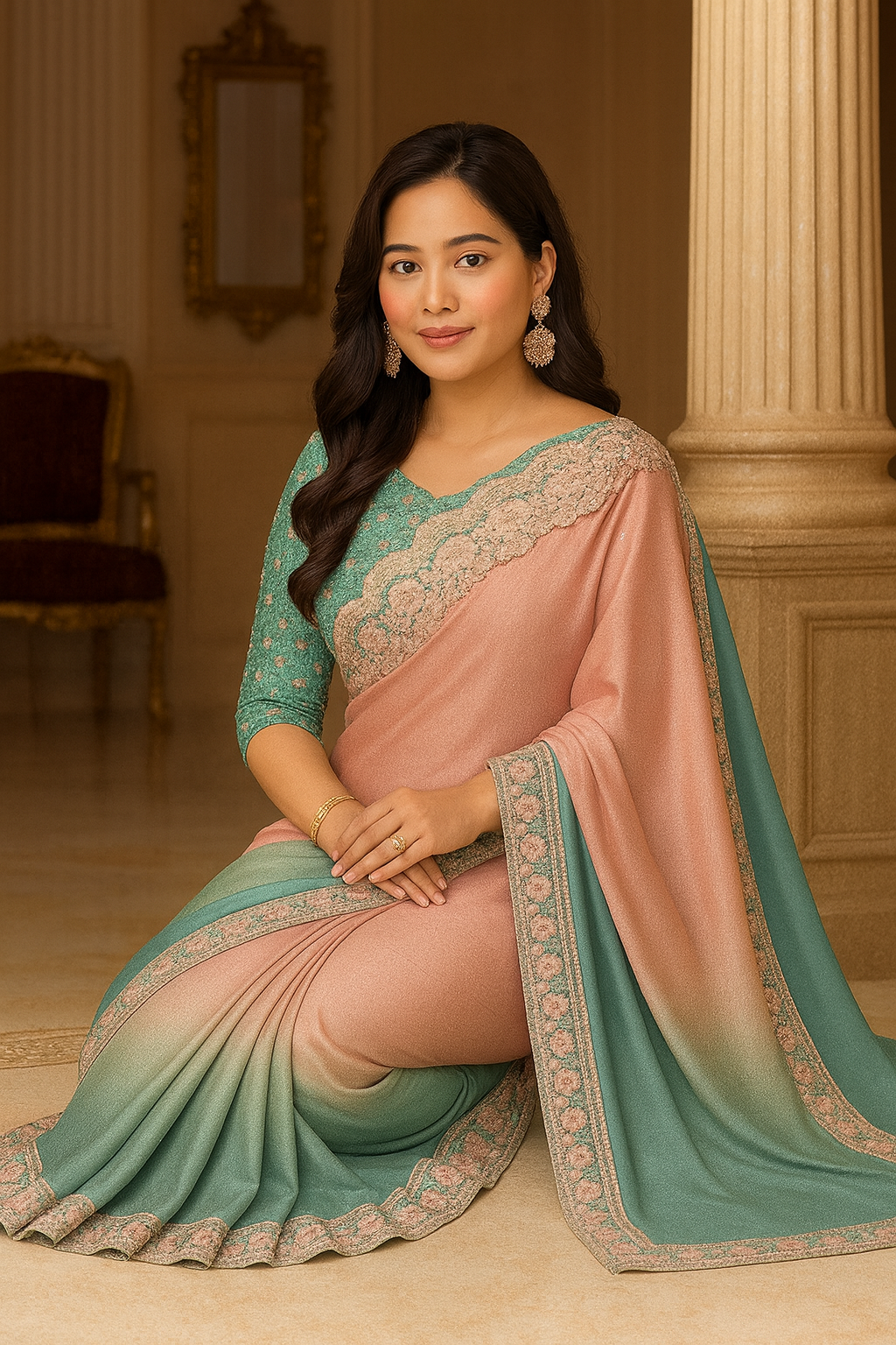 Peach & Teal Ombre Pure Chiffon Saree with Hand-Embellished Sequin Border