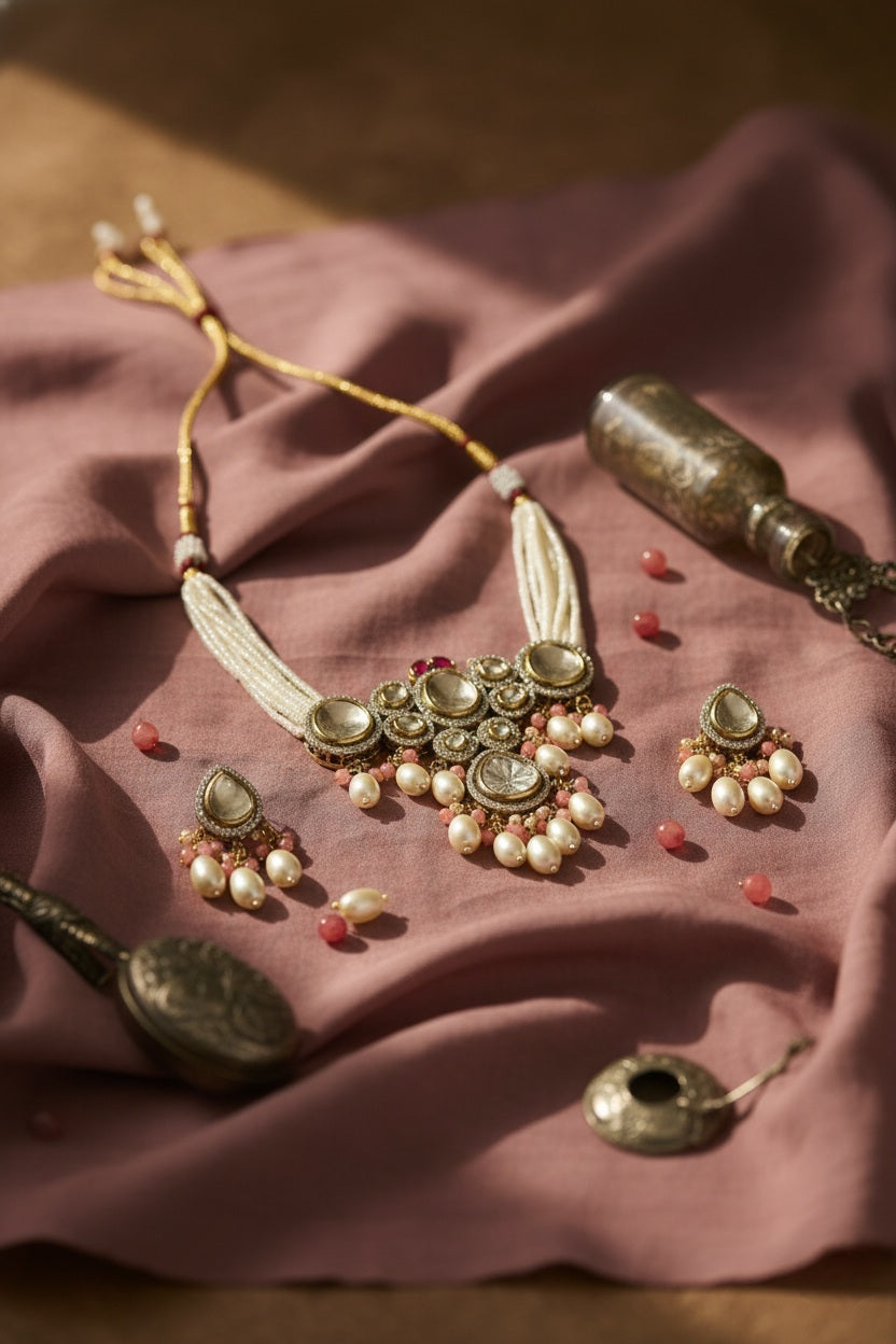 Handcrafted Polki and AD Choker Necklace Set for Women – Gold Finish with Stud Earring