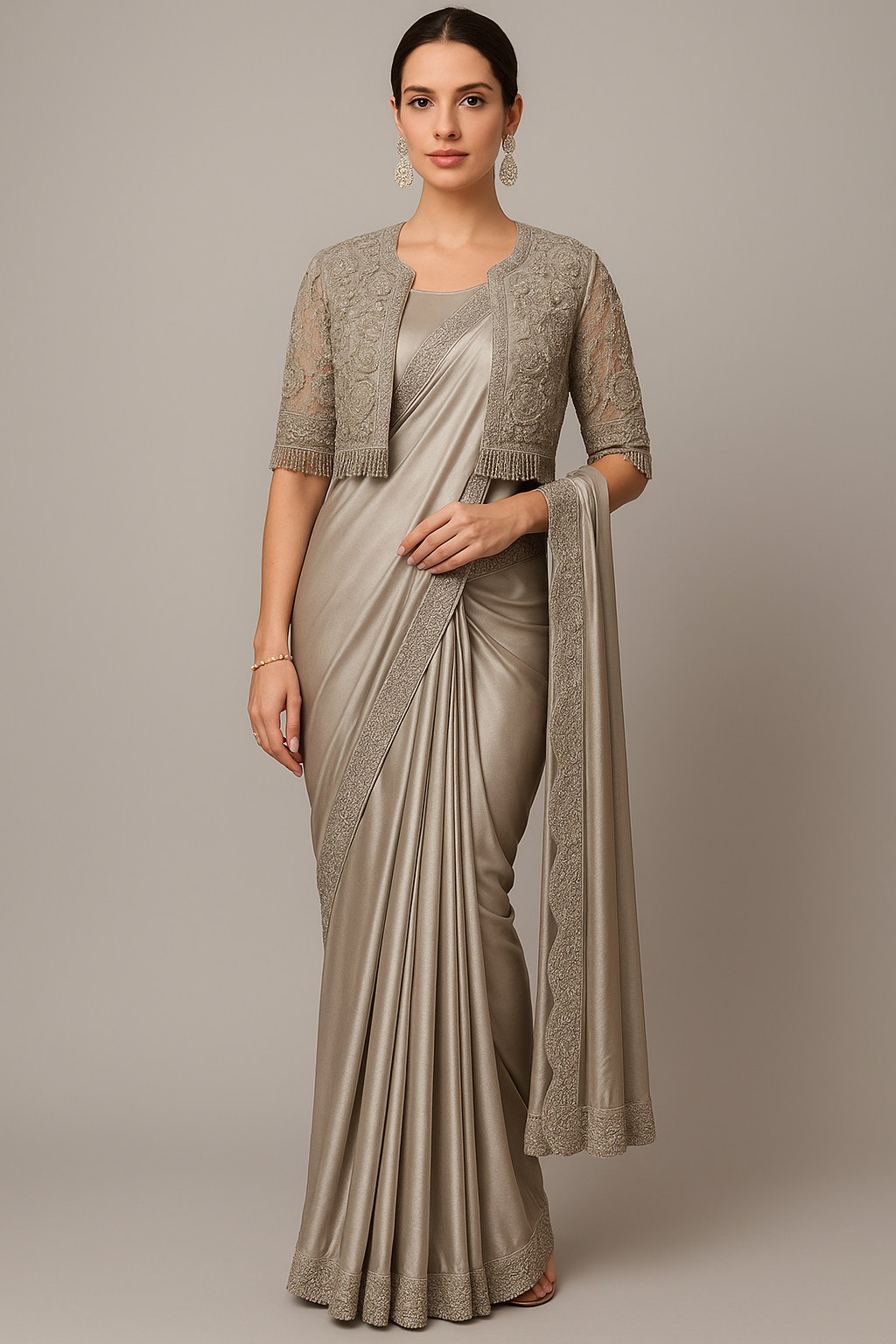 Gunmetal Satin Designer Sequinned Saree