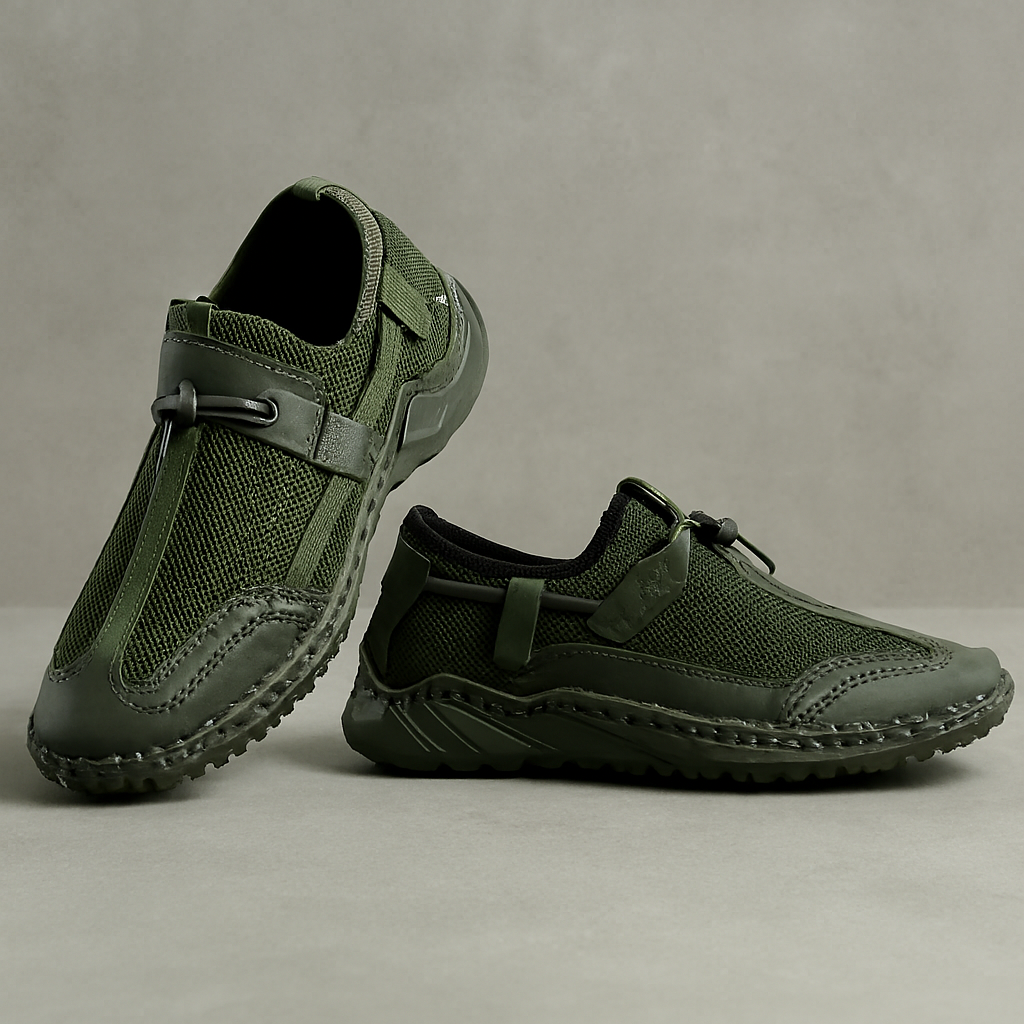 Men’s Olive Green Slip-On Sneakers with Mesh Detailing & Textured Sole