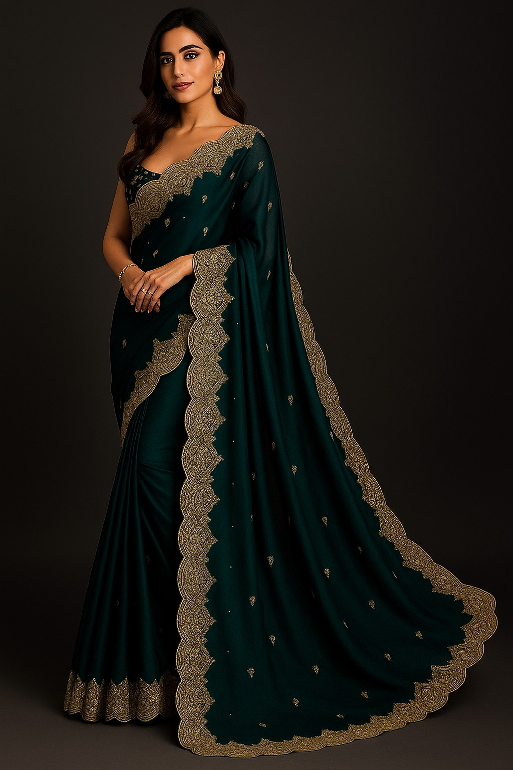 Elegant Green Organza Saree with Embroidered Border & Sequin Detailing | Designer Saree with Unstitched Blouse Piece