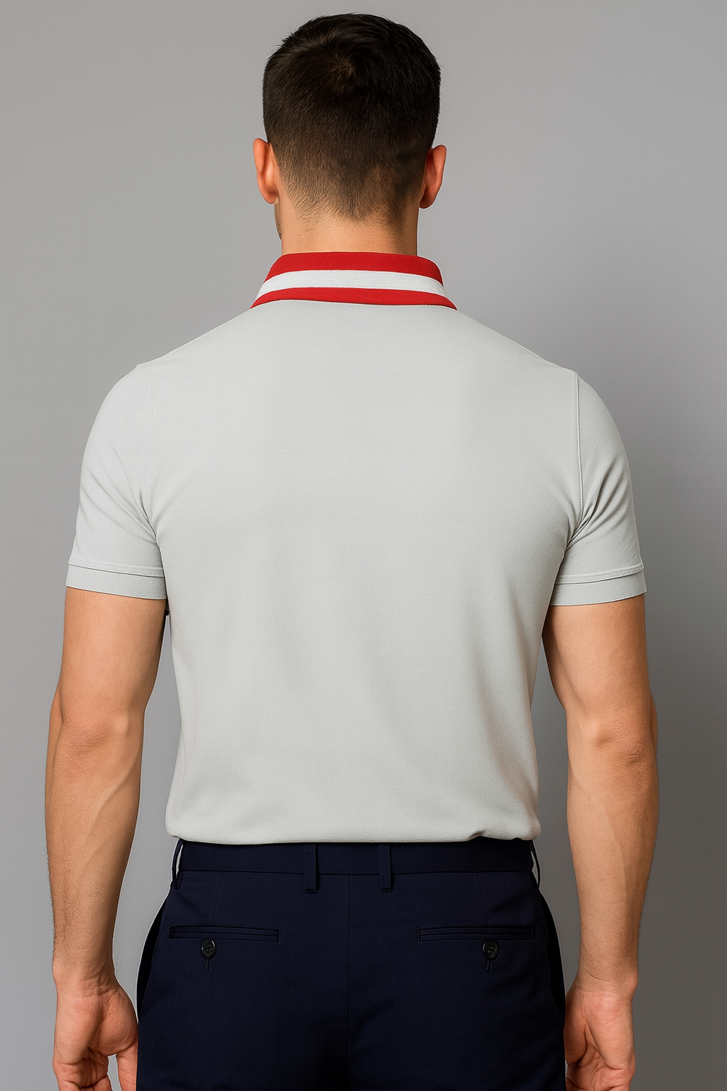 Men’s Grey Polo T-Shirt with Contrast Red Collar – Slim Fit Cotton Casual Wear