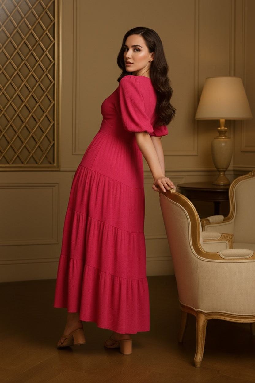 Elegant Pink Checked Cotton Fit & Flare Dress with Balloon Sleeves