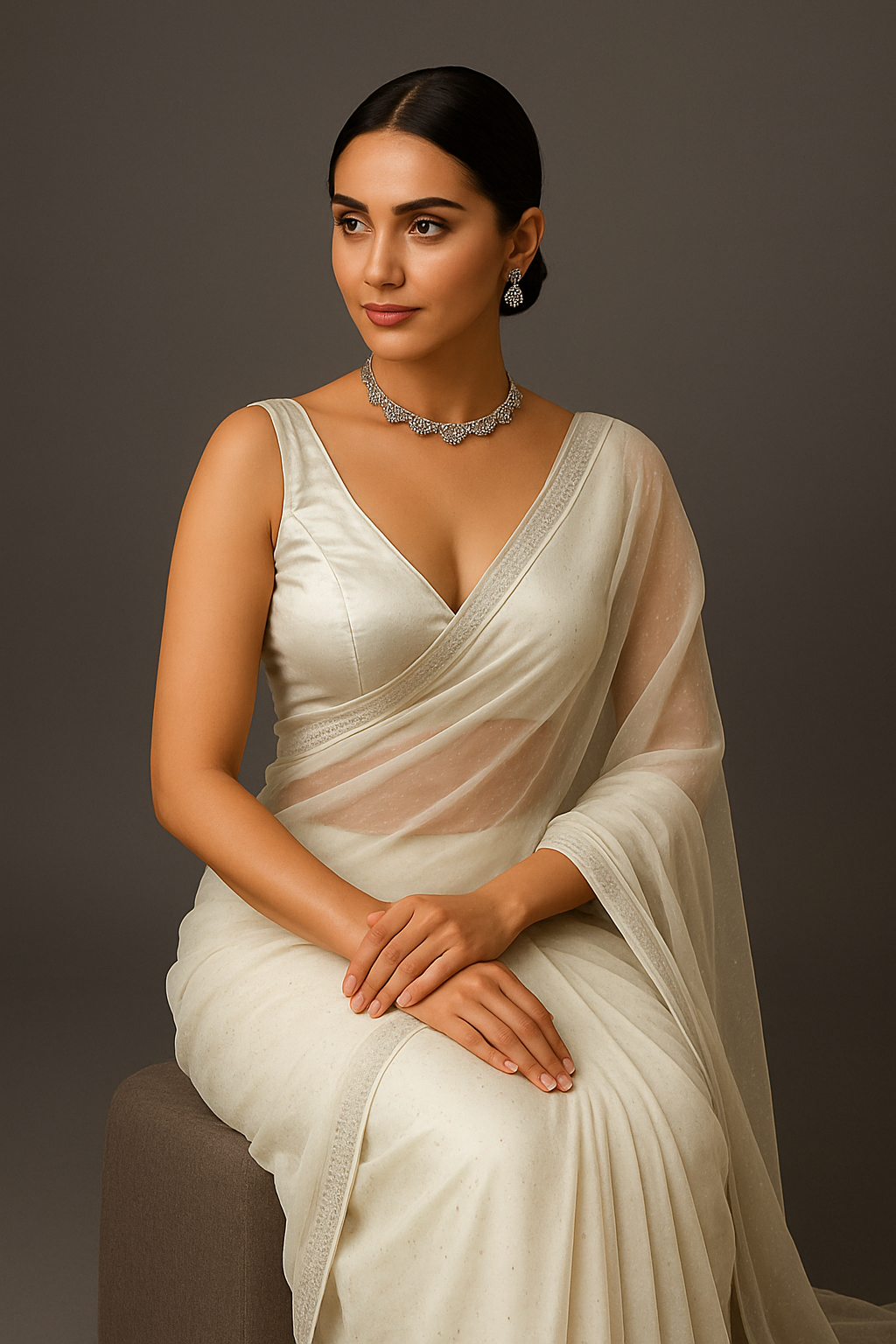 Premium White Net Saree with Silver Bead & Stone Embellished Border