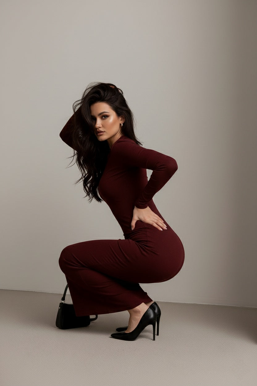 Women’s Wine Red Bodycon Maxi Dress with Ruched Front & Long Sleeves