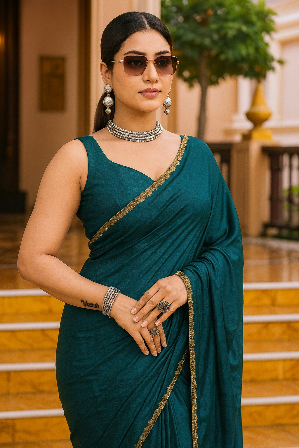 Elegant Teal Saree with Golden Border – Stylish Party & Wedding Wear for Women