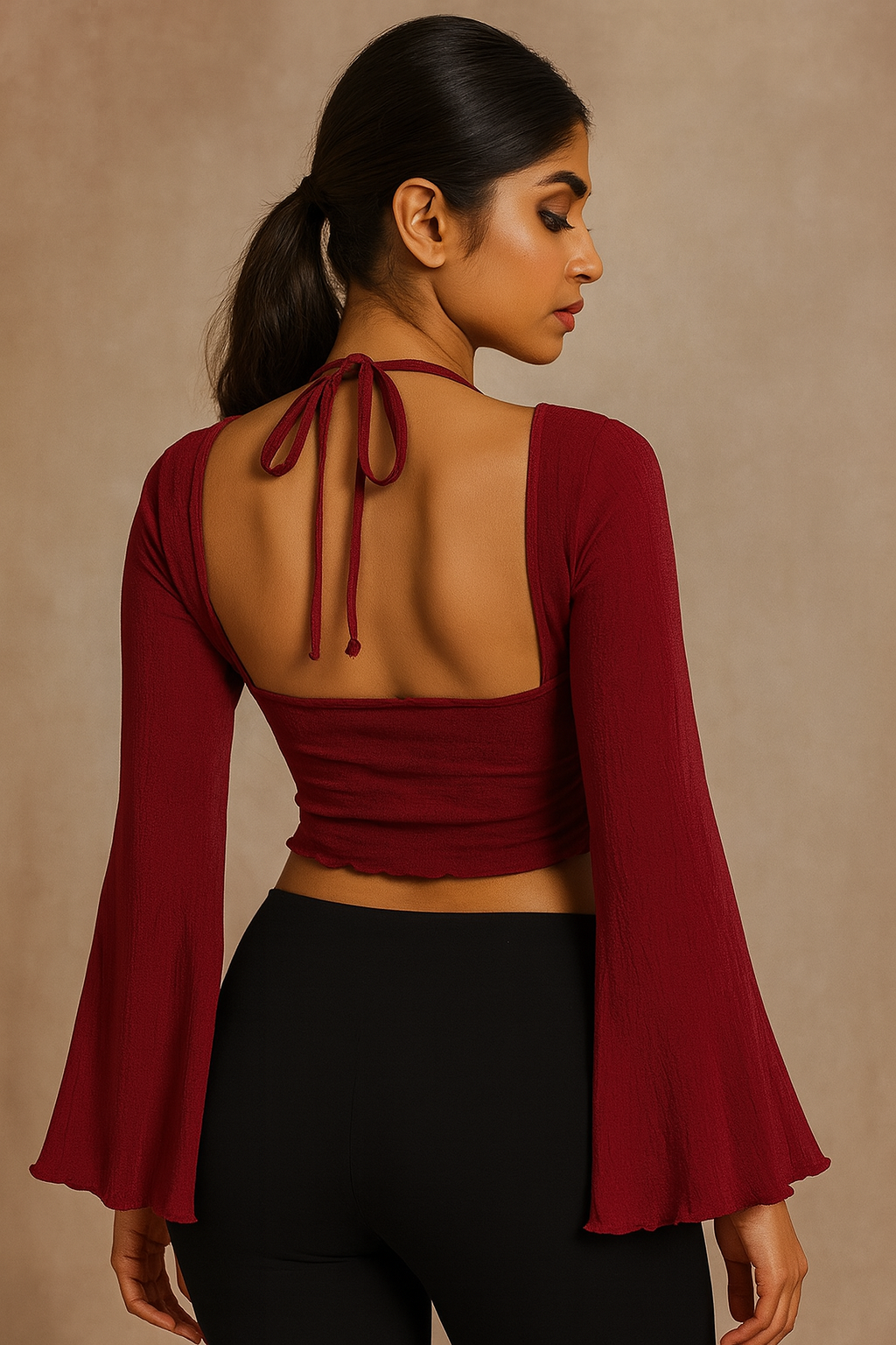 Women’s Maroon Ruched Front Halter Neck Crop Top with Flare Sleeves