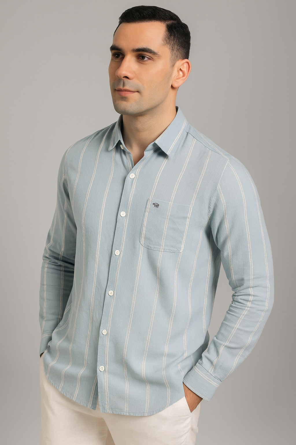 Blue & Grey Striped Cotton Casual Shirt with Patch Pocket