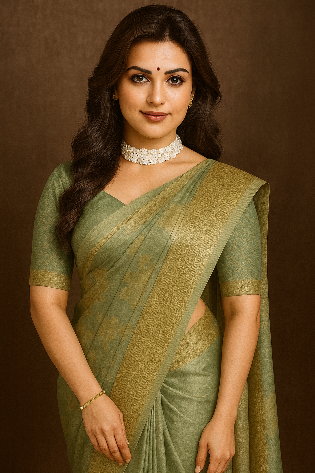 Pastel Green Soft Silk Saree with Floral Digital Print & Golden Zari Border