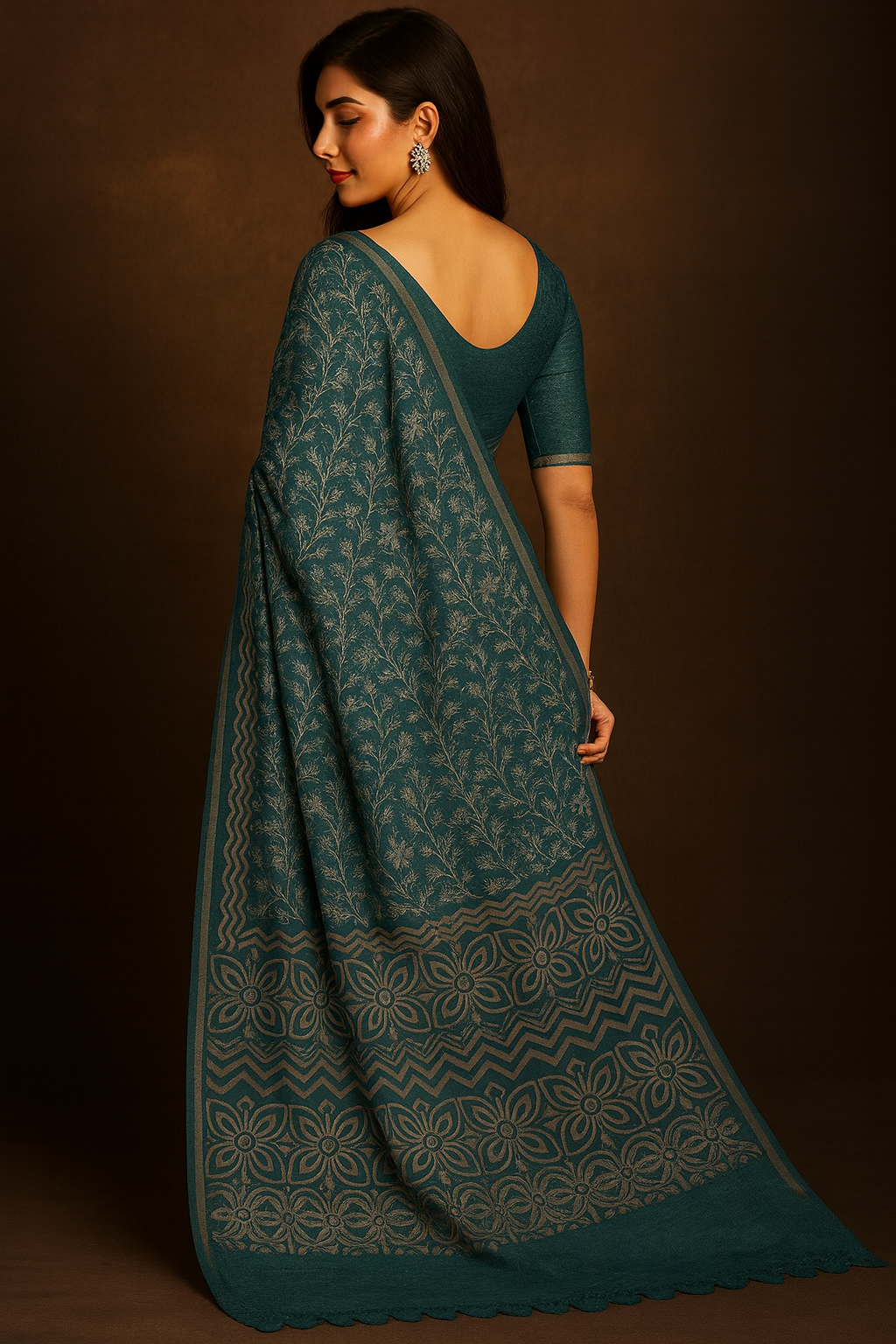 Teal Ikat Art Silk Saree with Embroidered Motifs & Embellished Border