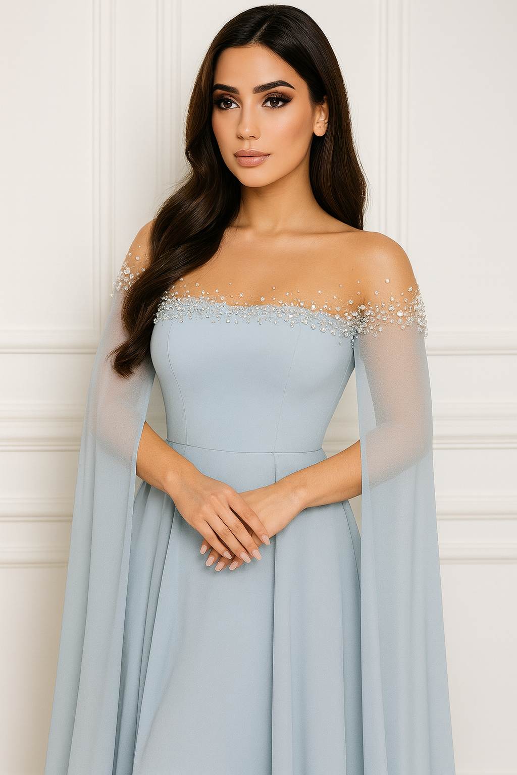 Ethereal Blue Embellished Off-Shoulder Gown with Flowing Cape Sleeves