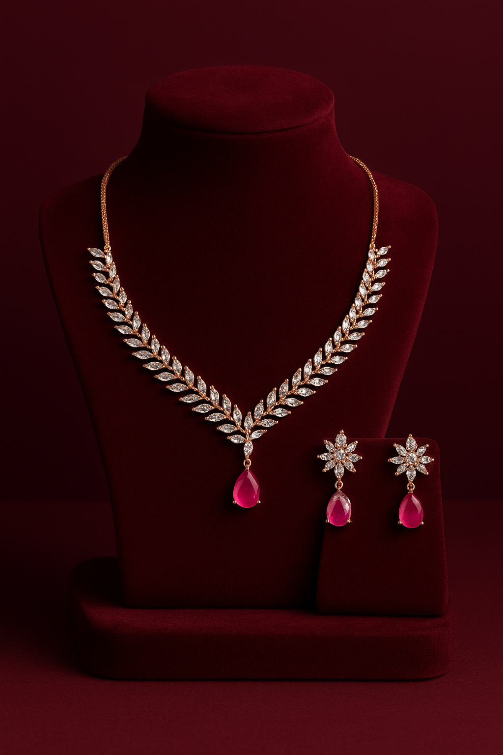 Rose Gold-Plated American Diamond Necklace & Earring Set