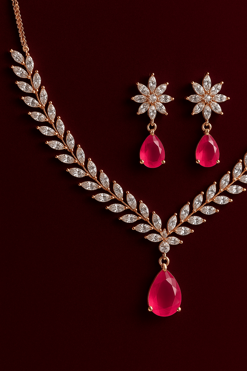 Rose Gold-Plated American Diamond Necklace & Earring Set