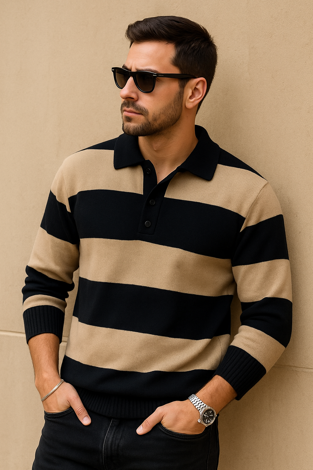 Men’s Regular Fit Beige & Black Striped Polo Sweater | Acrylic Knit Long Sleeve