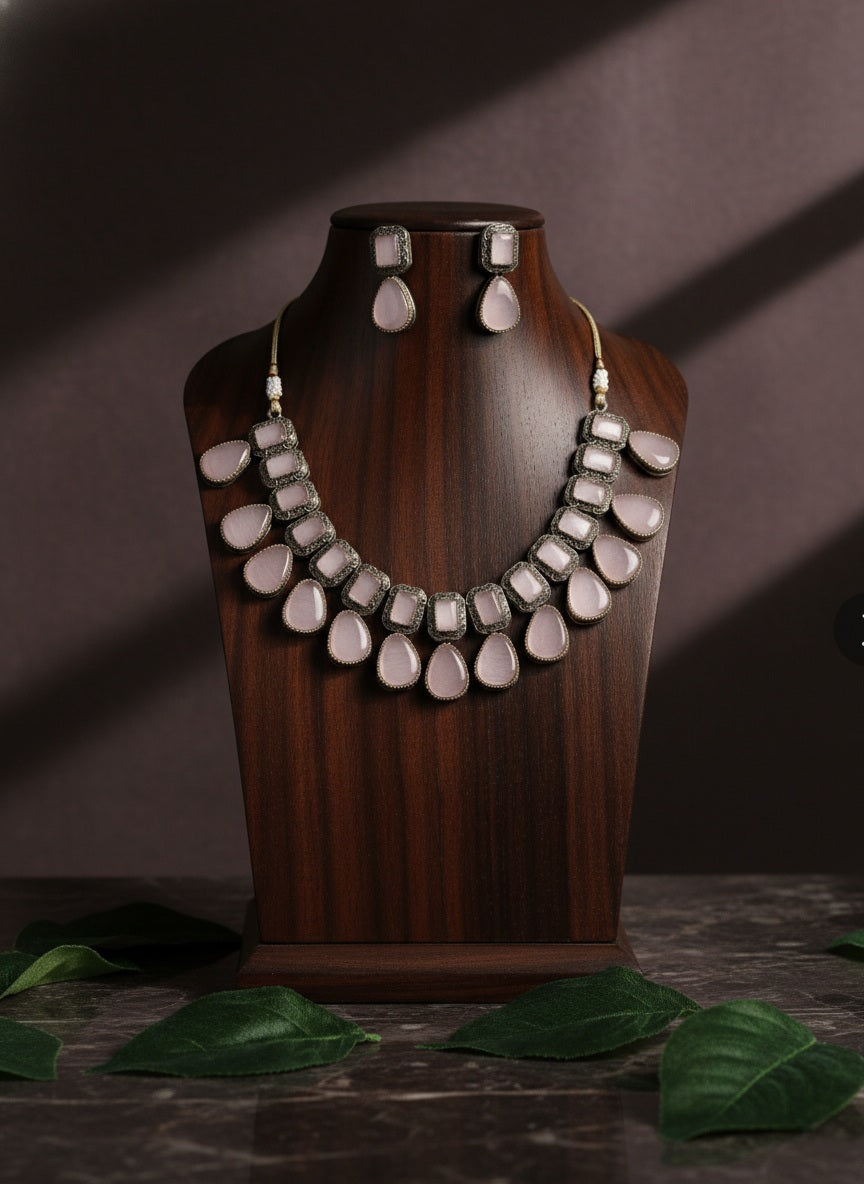 Luxury Baby Pink Monalisa Stone Choker Necklace and Earring Set