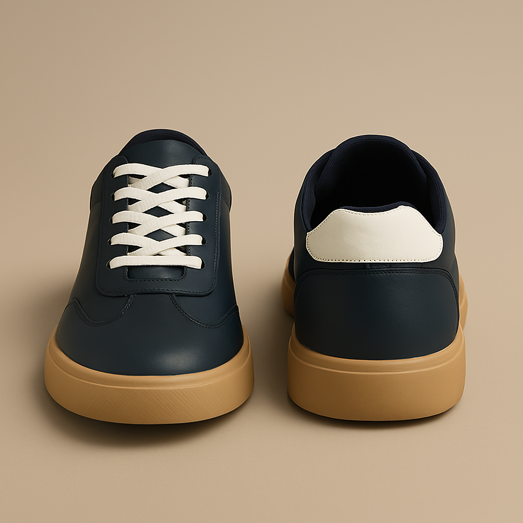 Men’s Navy Blue Casual Sneakers with White Lace-Up & Tan Rubber Sole