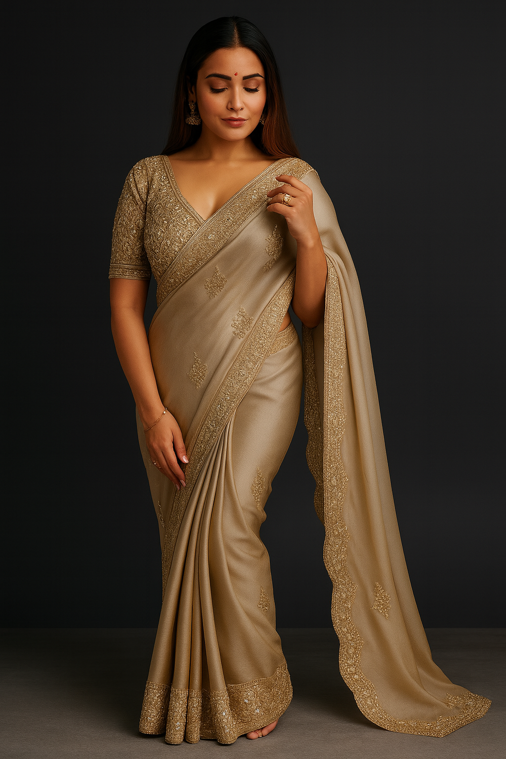 Satrani Beige Tissue Saree with Embroidered Dola Silk Blend Blouse Piece