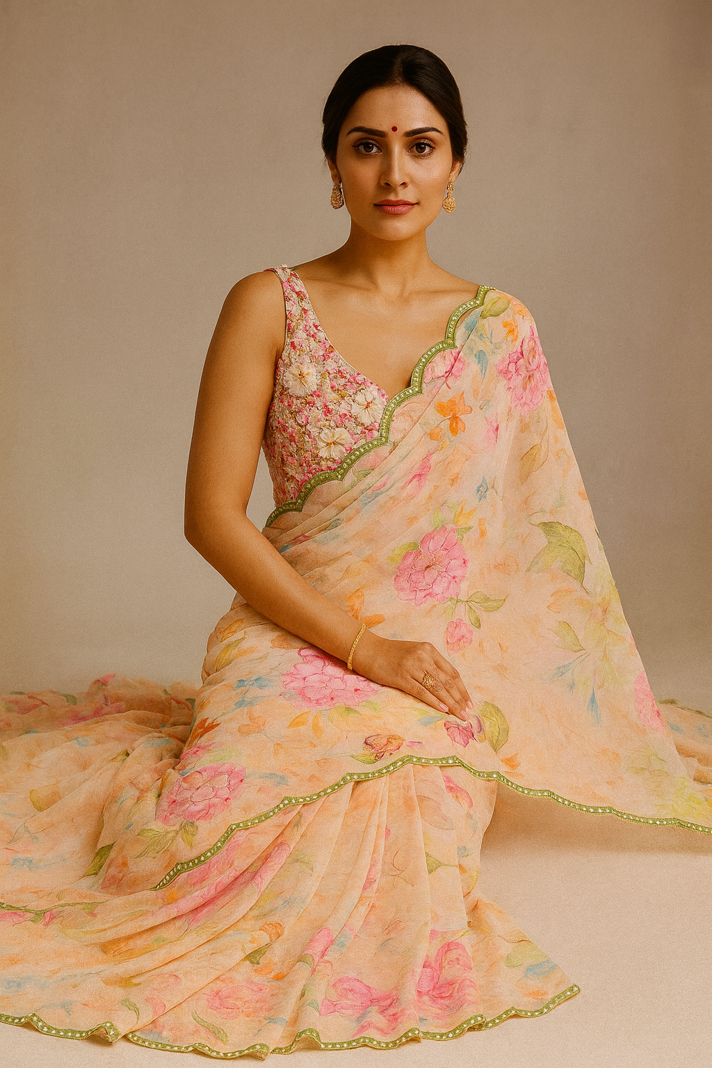 Peach Floral Silk Blend Saree with Embellished Mirror-Work Border
