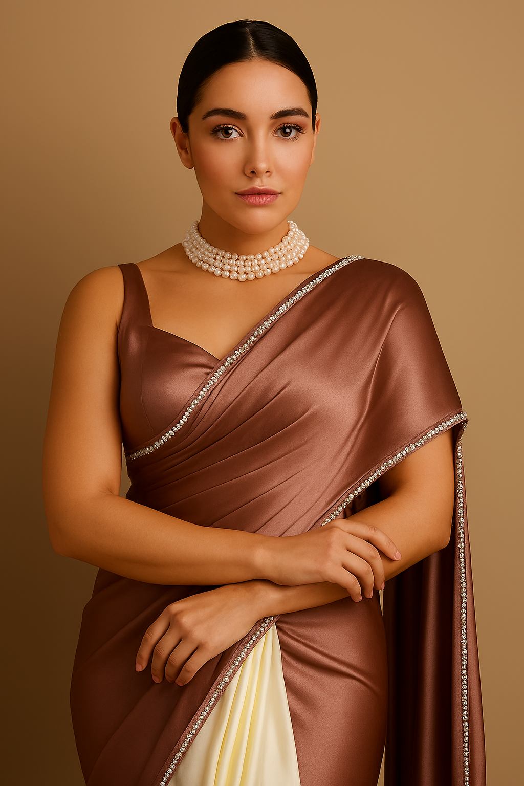 Women’s Brown Japan Satin Half-and-Half Designer Saree with Blouse Piece