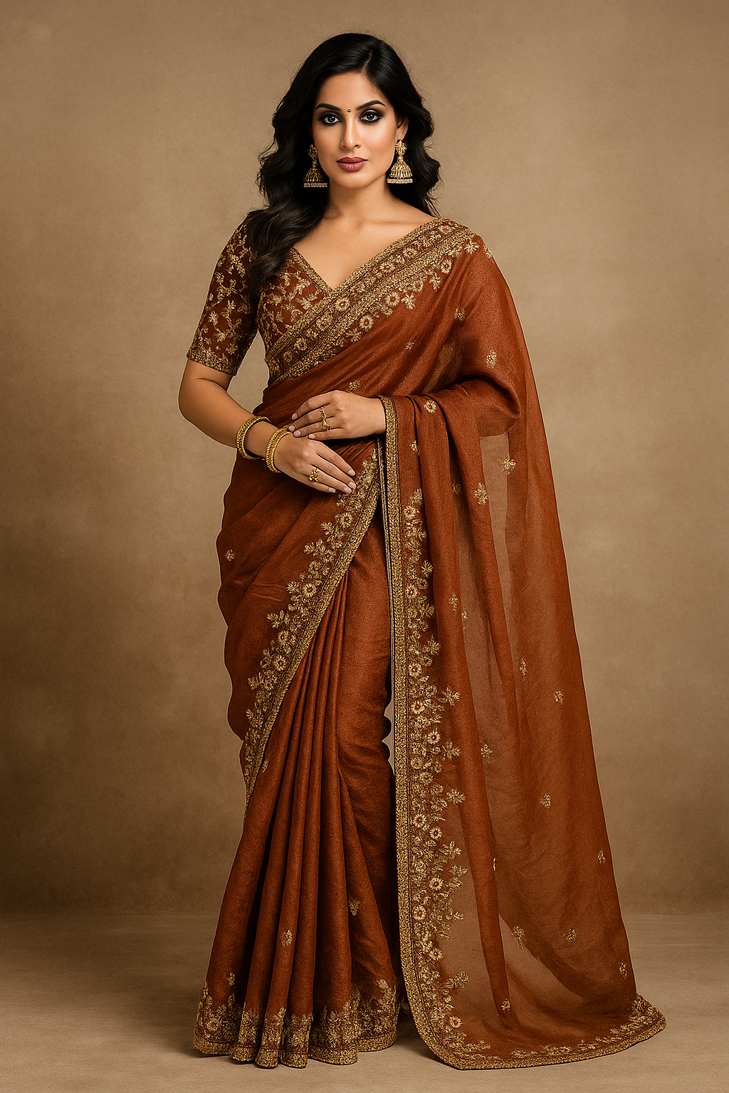 Designer Tissue Saree in Rich Brown & Gold – Celebrity Inspired Look