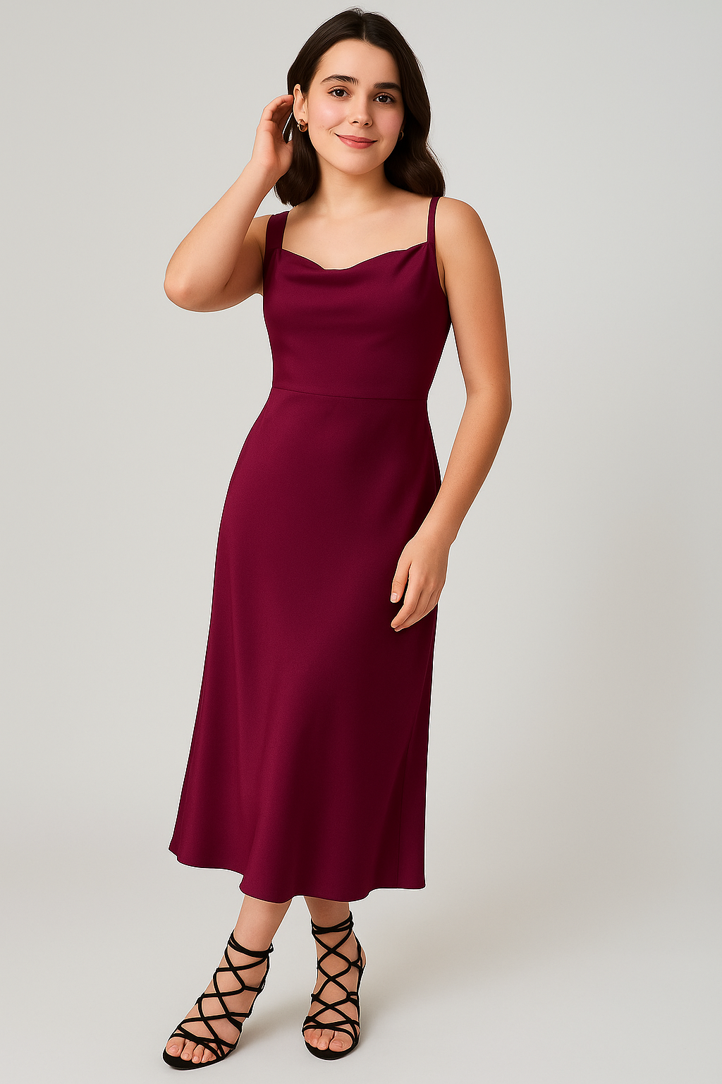 Magenta Satin Silk Maxi Dress with Cowl Neck