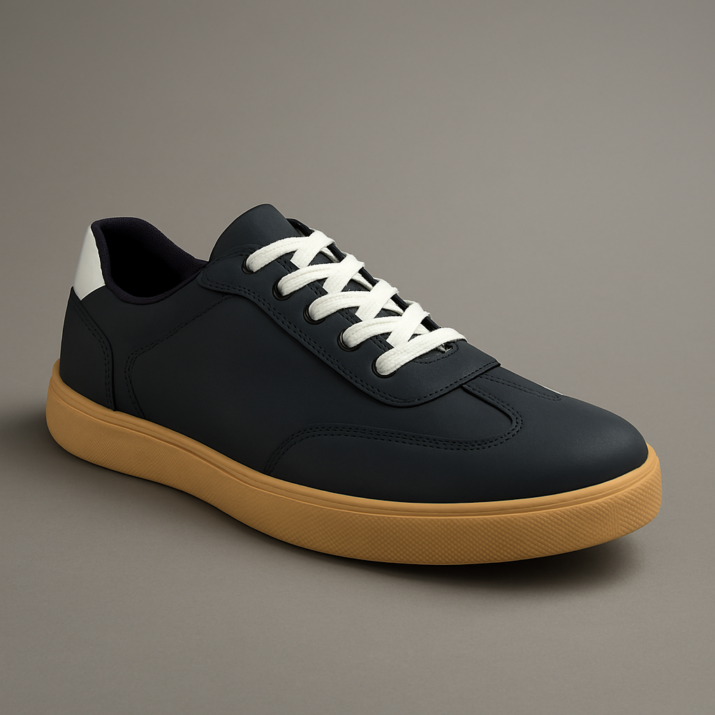 Men’s Navy Blue Casual Sneakers with White Lace-Up & Tan Rubber Sole