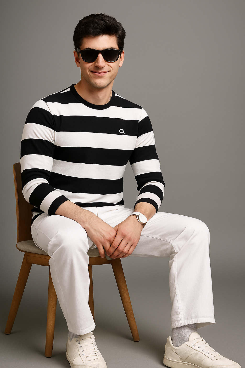 Men's Black & White Striped Full Sleeve Casual T-Shirt