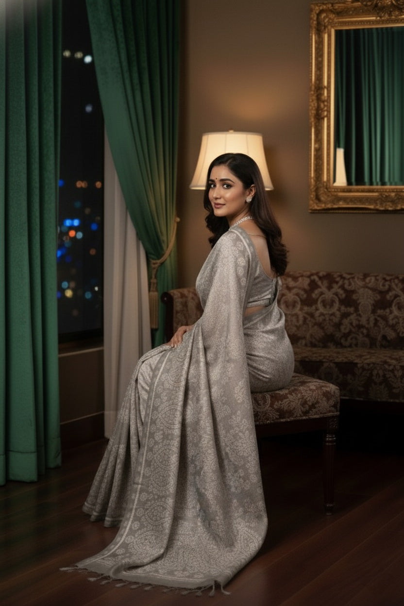Premium Viscose Rayon Saree in Grey and White with Intricate Embroidered Border