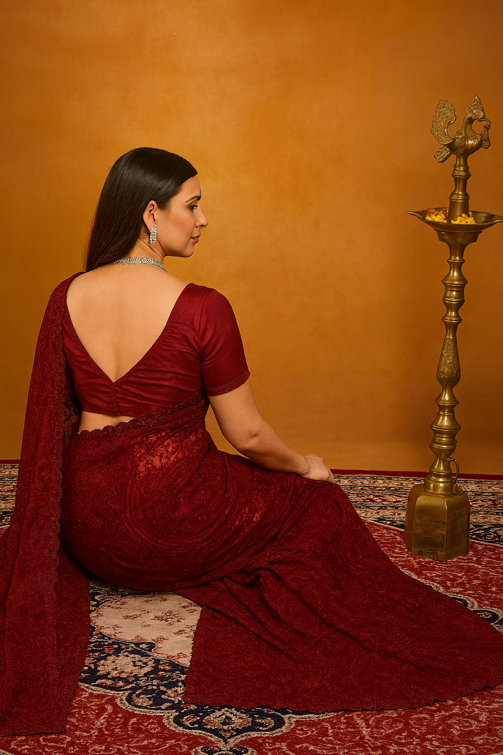 Crimson Red Pure Georgette Saree with Intricate Floral Embroidery & Scalloped Border