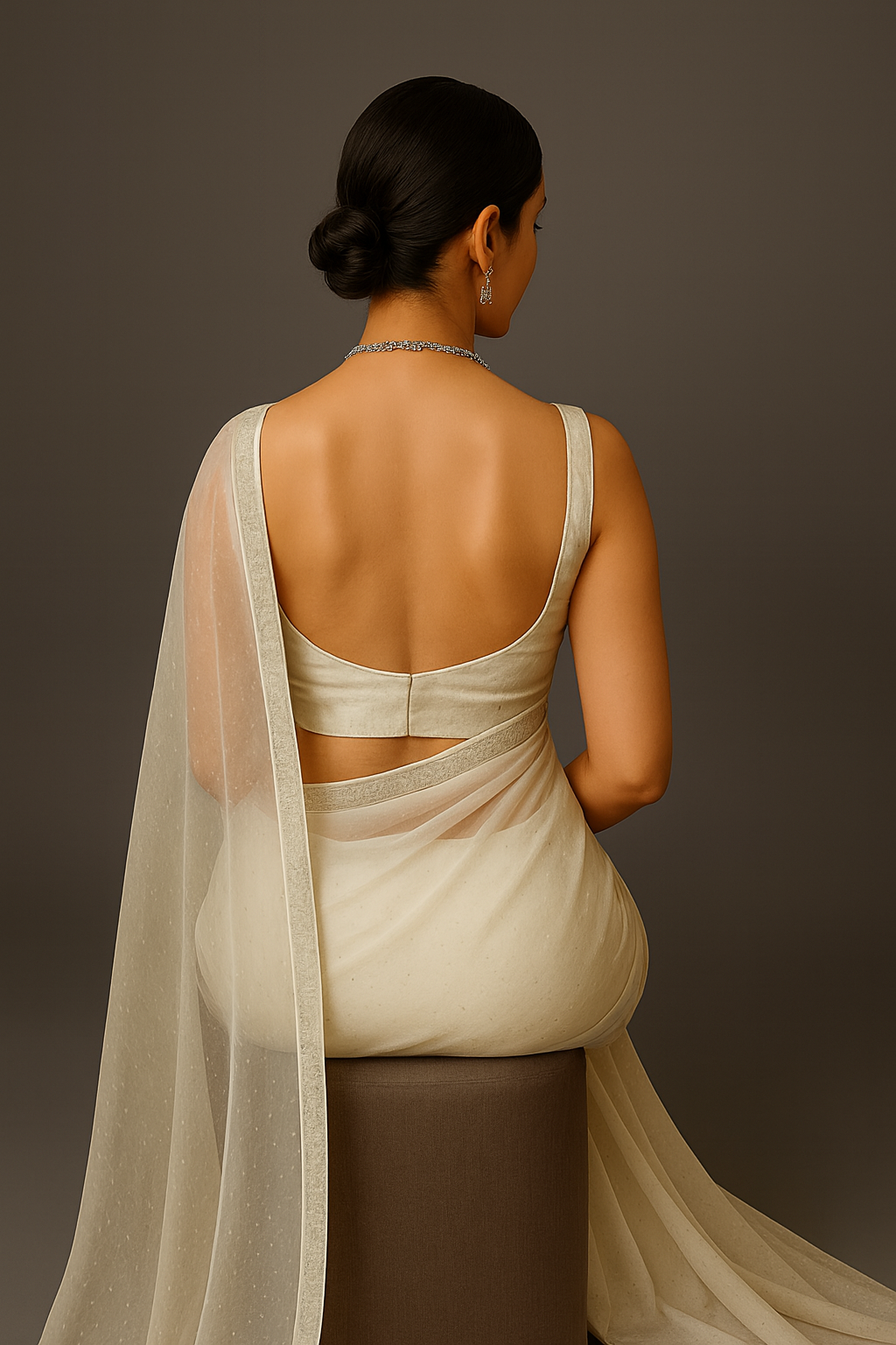 Premium White Net Saree with Silver Bead & Stone Embellished Border